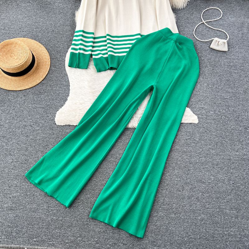 Damenbekleidung im Lazy Style, lockere, kontrastfarbene, gestreifte, langärmelige Strickoberteile für Damen, drapierte Hose mit hoher Taille, lässiger zweiteiliger Anzug für Damen_voghion.com