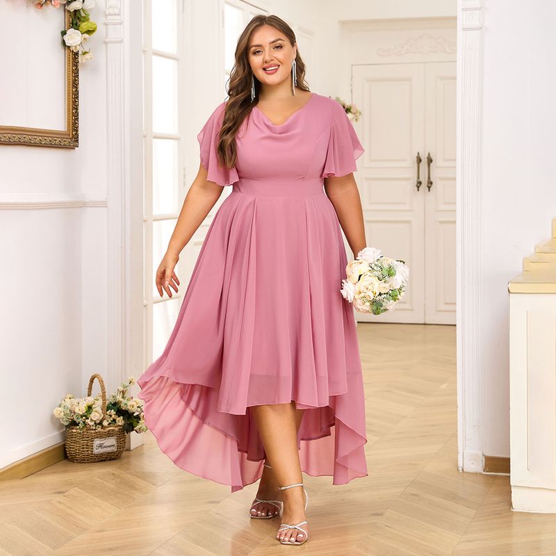 2025 Iwwerlappend Lotusblatärmelen, Récksaum, Olivfërmeg Virderkant, Kuerz Réck, Laang Chiffon Plus Size Damenkleeder,_voghion.com