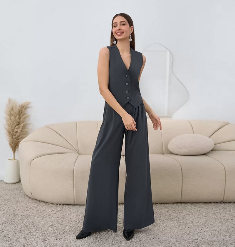 Summer Women's Sleeveless Vest & Pants Set – Office Commuter Outfit, Breathable Polyester Blend, Grey & Brown_voghion.com