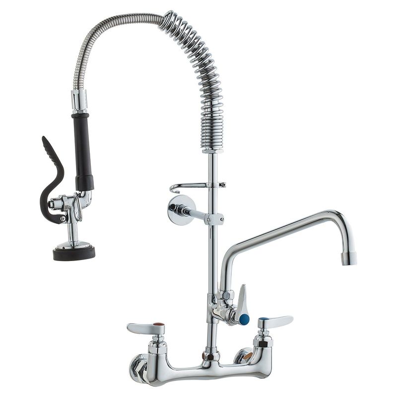 VEVOR Commercial Faucet With Pre-Rinse Sprayer, 25" Height, 8" Center, 12" Swing Spout, Wall Mount Kitchen Sink Faucet, Brass Constructed Device With Pull Down Spray, For 1/2/3 Compartment Sink_voghion.com