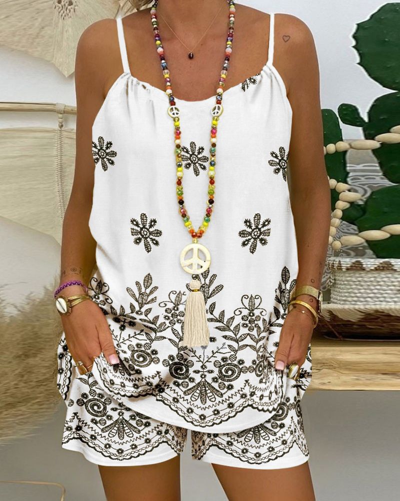 Women's Clothing Print Spaghetti Strap Tank Top And Floral Print Pocket Shorts Set_voghion.com