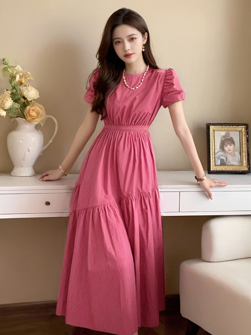 Abito lungo con maniche a sbuffo, stile francese, attillato, da donna, modello Tea Break, 2025, nuovo, snellente, tinta unita 1336-2_voghion.com