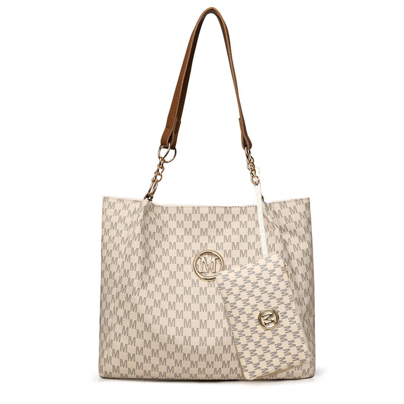 Stylish M-Print Tote & Clutch Bag Set With Chain Strap - Versatile PU Handbag Combo For Women (Black/Brown/White)_voghion.com