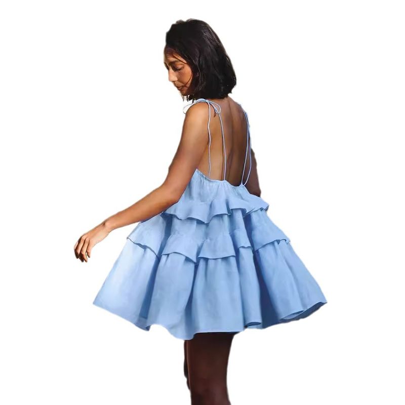 2025 Sommer-Rüschenkuchen-Kuchenkleid mit kurzem rückenfreiem Trägerkleid_voghion.com