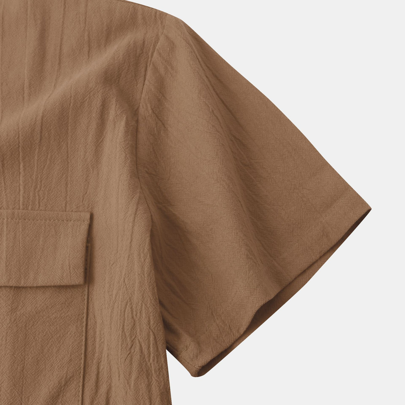 Camicia a maniche corte casual alla moda di grandi dimensioni in lino di cotone sciolto tinta unita estate 2023 dei nuovi uomini_voghion.com