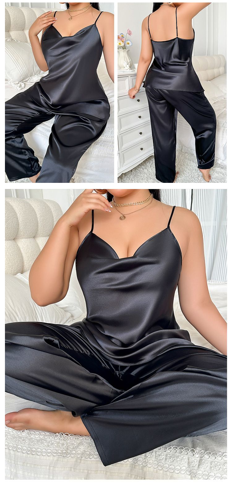 Tragbares Set aus Eisseide, einfarbig, sexy Camisole, Damen-Freizeit-Hausanzug, Pyjama in Übergröße, Pyjamahose_voghion.com