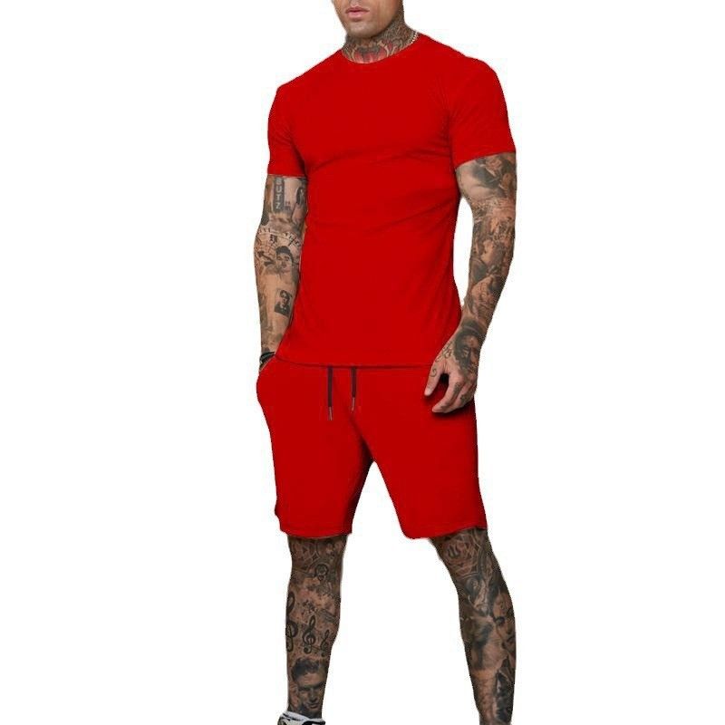 CT Hot Selling Solid Color T-Shirt + Five-Point Men's Summer Short Sleeve Shorts Set Breathable Style_voghion.com