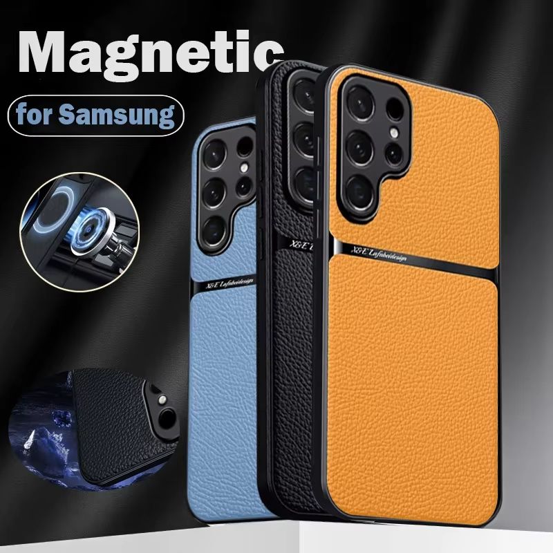 For Galaxy S25 Samsung S24 FE S23 Ultra S22 Plus S22ultra Case Leather Magnetic Car Holder Phone Cover_voghion.com