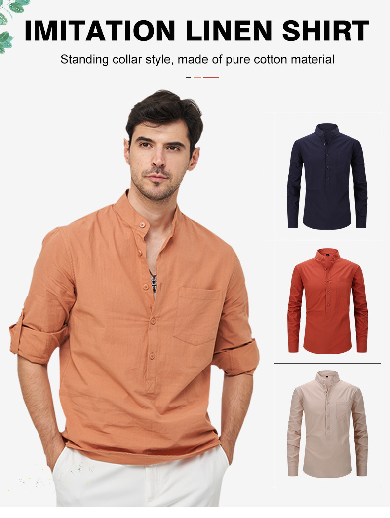 Abbigliamento Uomo Camicia Camicia Henry in cotone da uomo Camicia in lino con collo alto Camicia a maniche lunghe da uomo_voghion.com