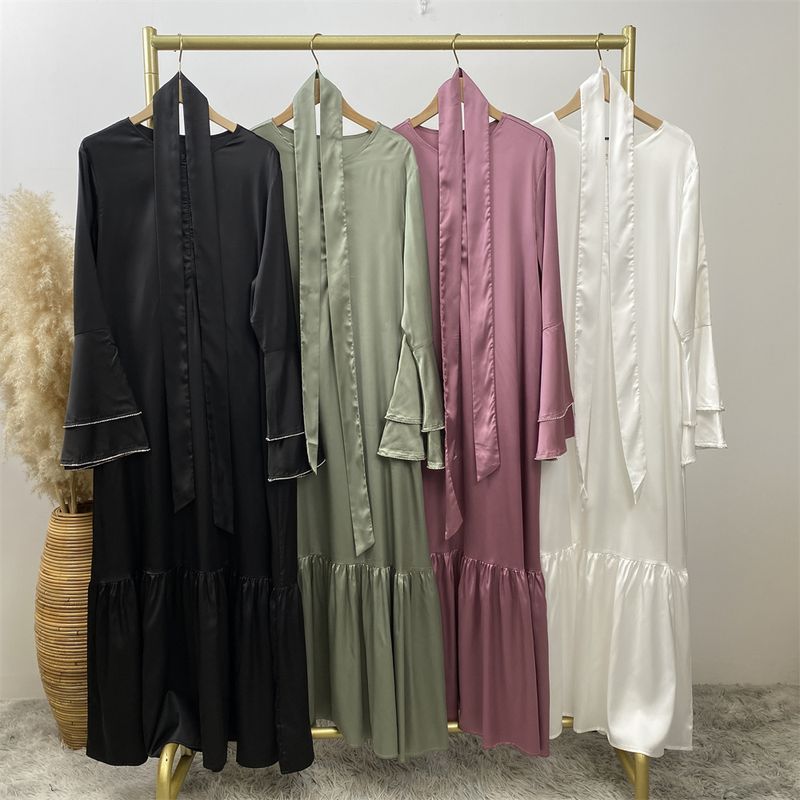 Yeni Saten Müslüman Kadın Elbisesi Çift Çan Kollu Abaya Lüks Dubai Elmas Uzun Elbise Etek Ucu Eklemeli Kaftan Faslı Kadın Zarif_voghion.com