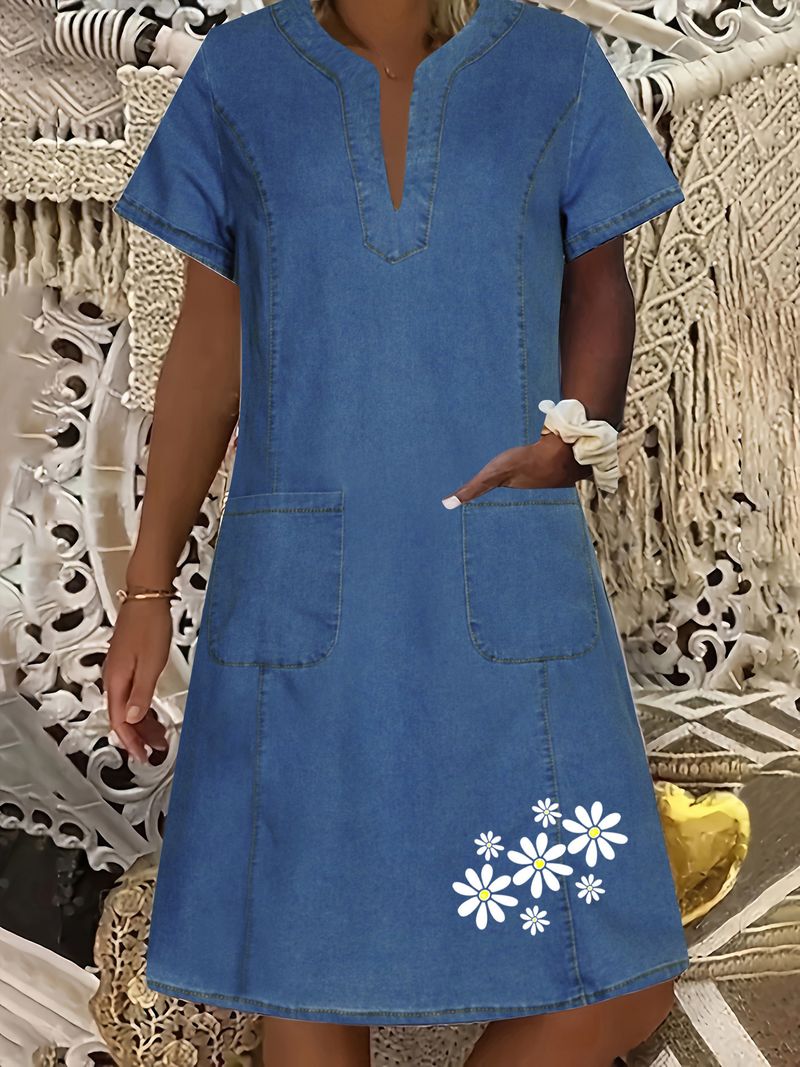 Abito in denim da donna, blu scuro, sottile, con scollo a V, lunghezza media_voghion.com