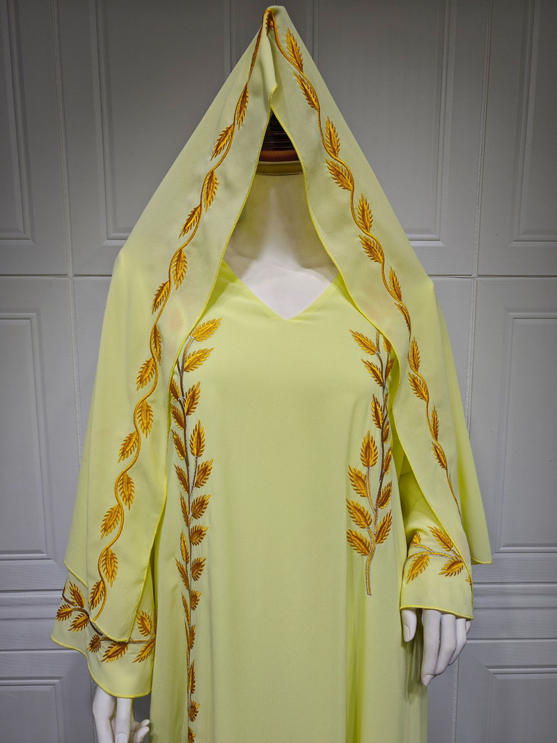 Damenmode Street Chiffon langes muslimisches besticktes rosafarbenes Rundhalskleid mit Hijab_voghion.com