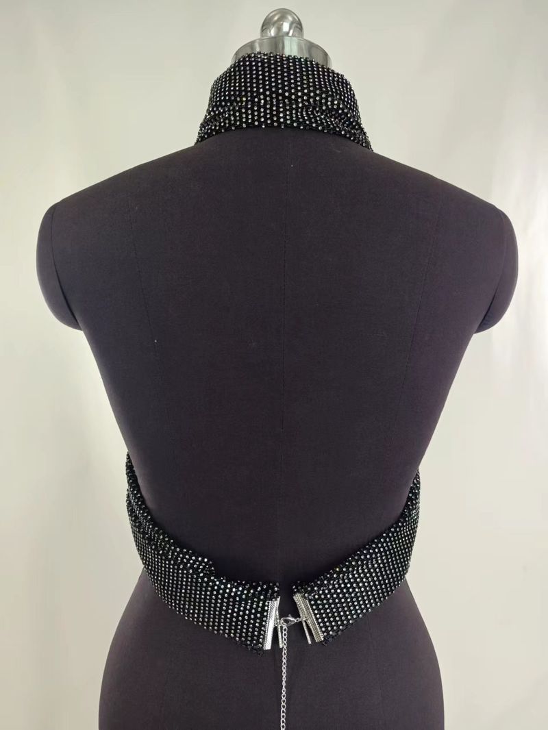 Sexy rhinestone inset diamond cloth hanging neck wrap chest top stitching skirt suit_voghion.com