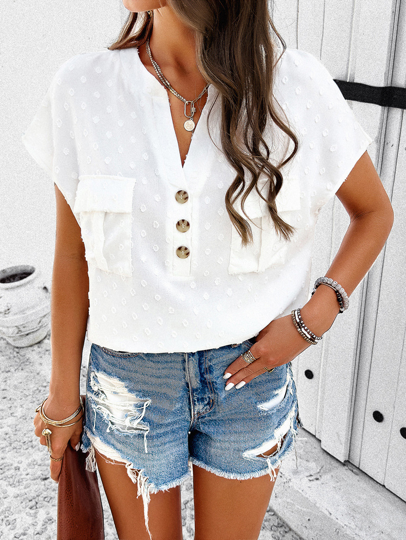 Maglietta casual con scollo a V dal temperamento da donna_voghion.com