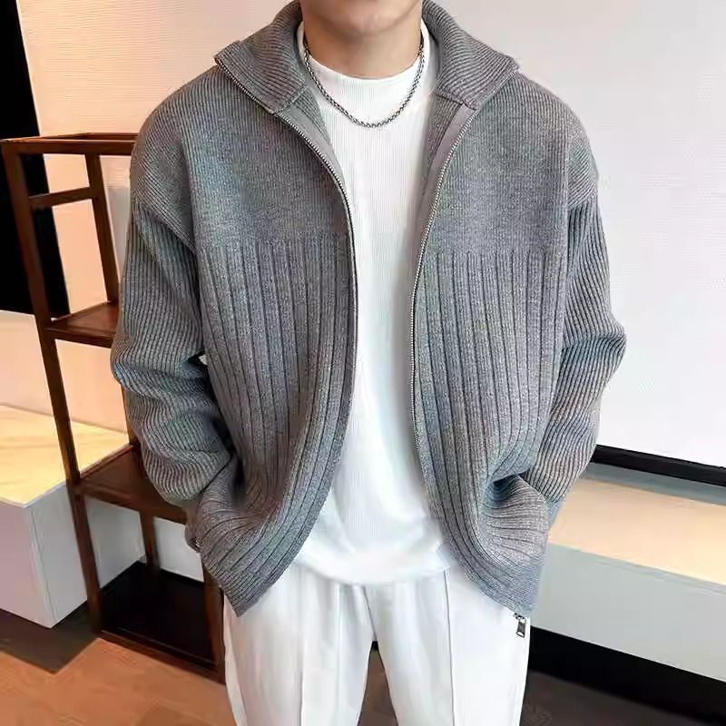 Knitted Sweater For Men, Loose Fit Jacket, Ins Style, Autumn, Stylish Stand Collar, Casual Striped Cardigan, Trendy_voghion.com