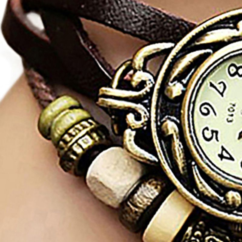 Yamaler Retro Multilayer Leaf Pendant Bead Braided Faux Leather Quartz Bracelet Watch_voghion.com