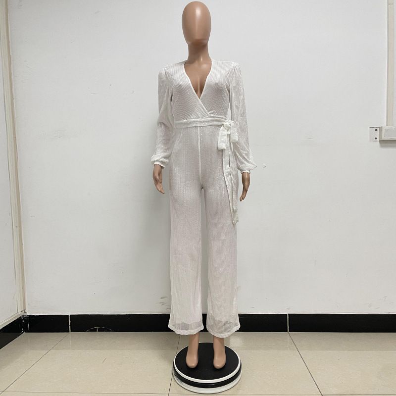 Damkläder Ins Style Deep V Mode Casual Jumpsuit Långärmat Bälte Paljett Jumpsuit Dam_voghion.com