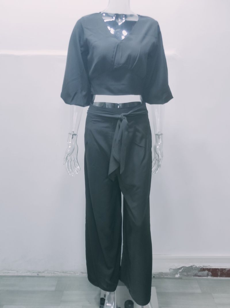 Damen bedruckter Modeanzug mit V-Ausschnitt, Laternenärmel, kurzes Oberteil, hohe Taille, weites Bein, Hose, zweiteiliges Set_voghion.com