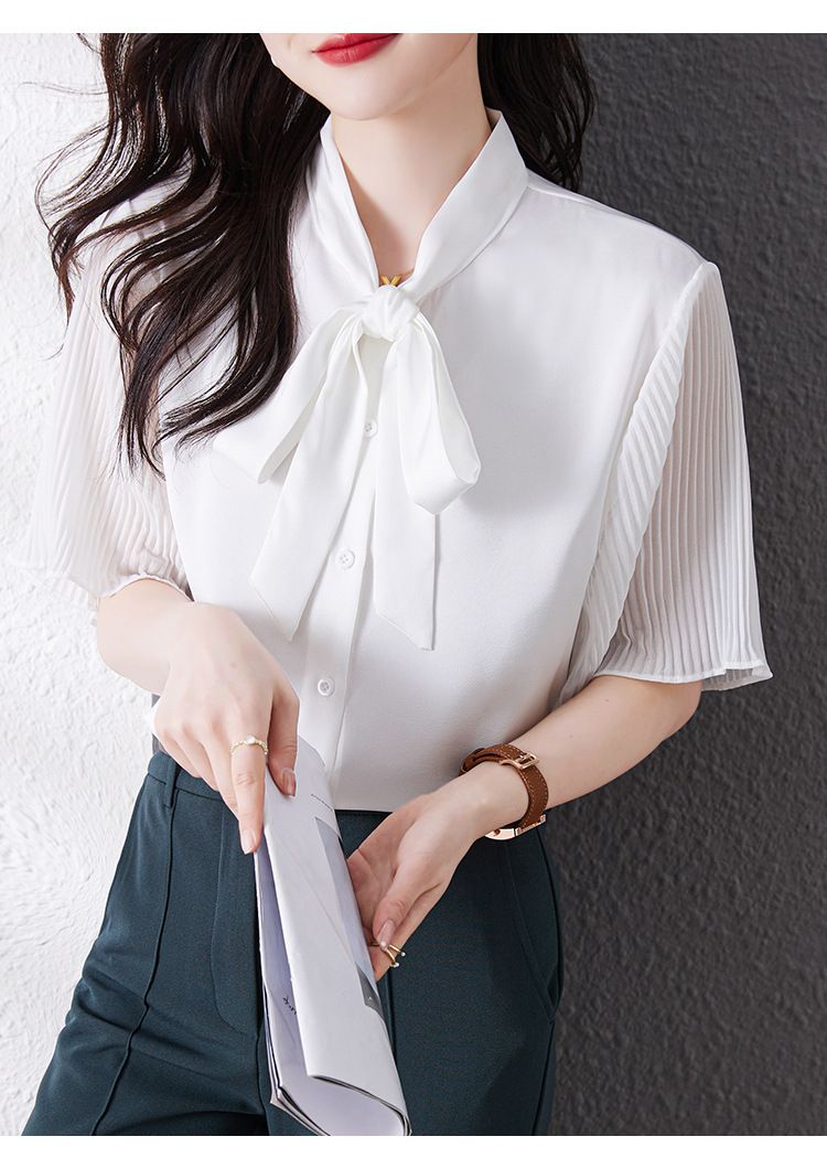 Nuova camicia con fiocco bianca alla moda da donna all'interno della camicia_voghion.com