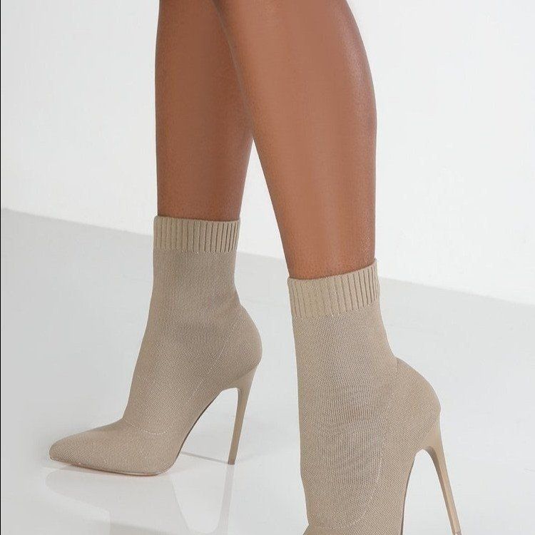 2021 Autumn New Knitted Stretch Pointed Toe Mid-Calf Ankle Plus Size Stiletto Super High Heel Sock Boots_voghion.com