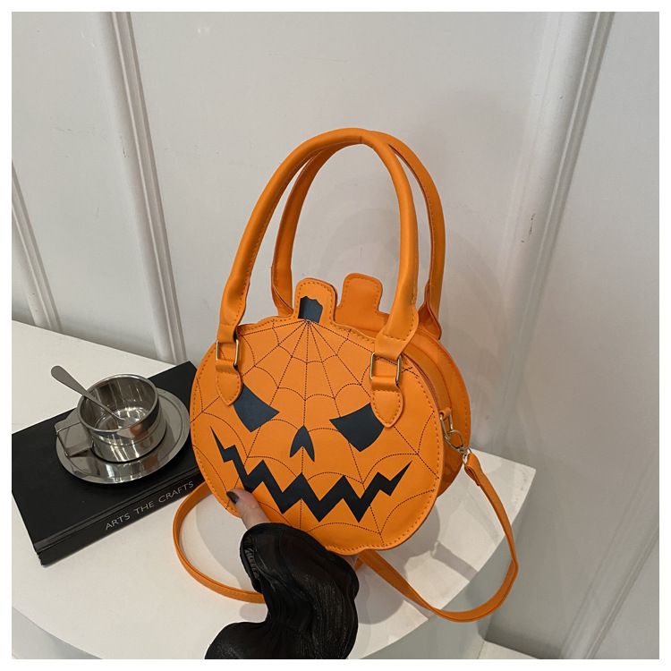 Borsa a tracolla con zucca di Halloween - Piccola borsa a tracolla rotonda in stile retrò con blocchi di colore, chiusura con cerniera e tasca per telefono_voghion.com
