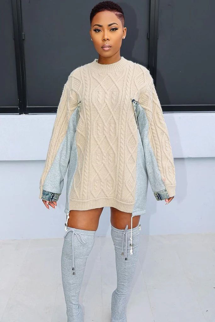 Damenbekleidung Temperamentvoller Oversize-Strickpullover mit Farbblock-Detail und Kordelzug, lässiger Boho-Chic-Pullover, Damenmode für Herbst und Winter_voghion.com