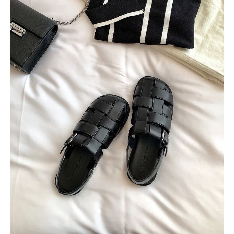 Sheepskin Version Su Yinyin Covers Up Ugliness, Real Leather Bag Head, Half Drag Woven Hollow Flat Roman Sandals,_voghion.com