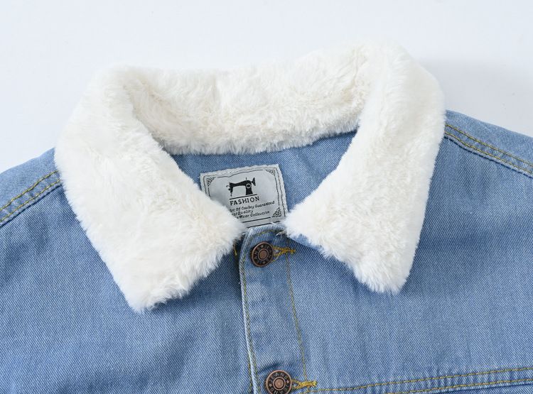 Giacca da donna in denim foderata in pile, calda e calda, con collo in pelliccia sintetica di coniglio, casual, blu, oversize, con spalle scese_voghion.com