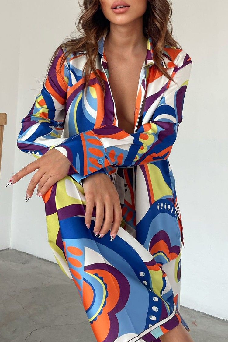 Abbigliamento da donna stampato camicia a maniche lunghe larga + pantaloni dritti_voghion.com
