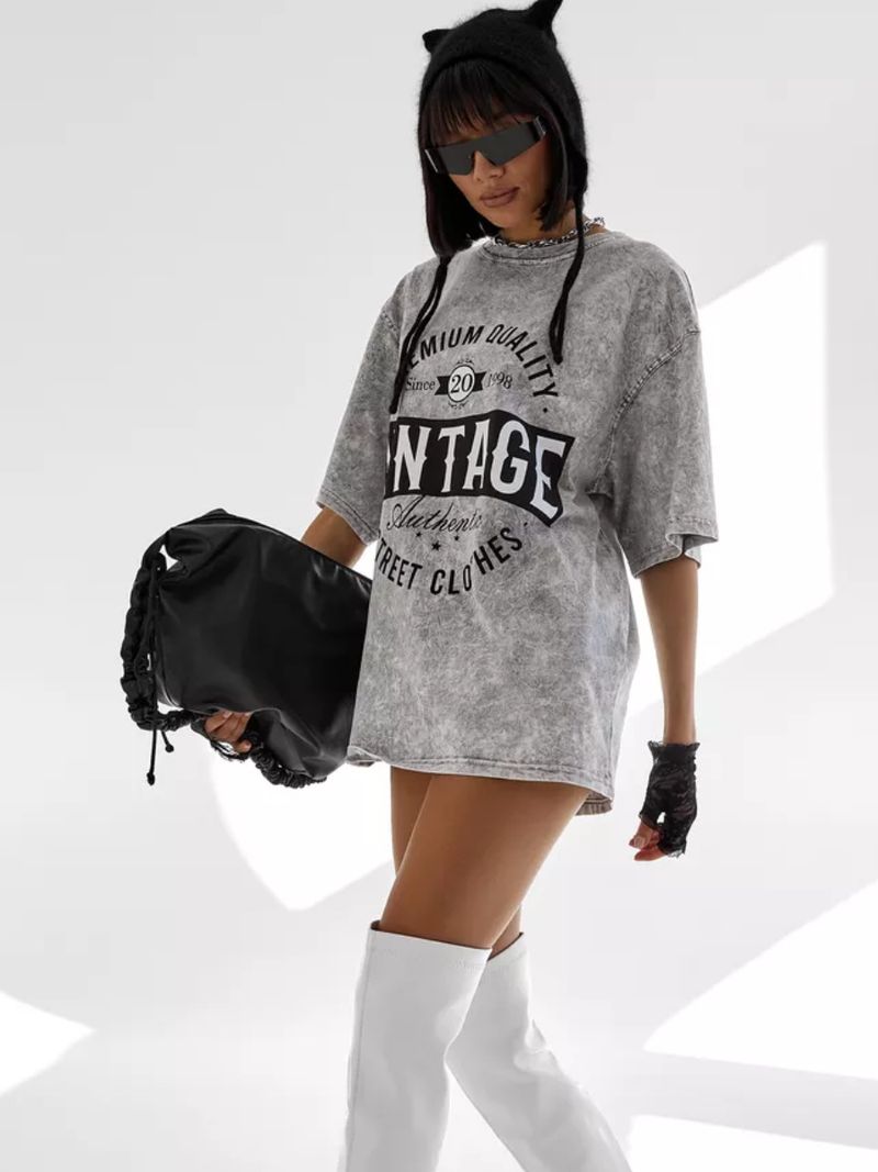 Vêtements pour femmes, style vintage délavé, style ancien, t-shirt en pur coton, mode féminine, all-match, décontracté, tendance_voghion.com