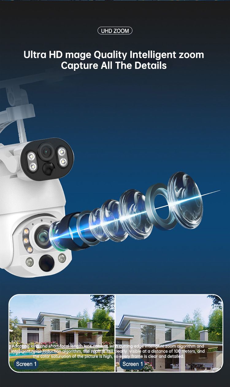 Kamera bezpieczeństwa z podwójnym obiektywem i 99-krotnym zoomem, zasilana energią słoneczną, bezprzewodowy system monitoringu zewnętrznego HD 5 MP z WiFi/4G i funkcją widzenia w nocy, wodoodporność IP65, miejsce na kartę TF_voghion.com