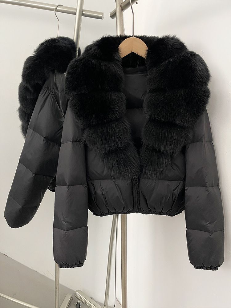 Women's Winter Down Jacket With Detachable Fox Fur Collar, Short Puffy Coat, 96% White Duck Down, Polyester Shell, Black & Beige, S/M_voghion.com