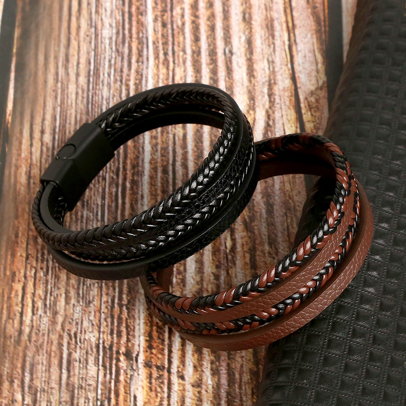 new leather hand woven bracelet men's magnet buckle stainless steel bracelet jewelry women's_voghion.com