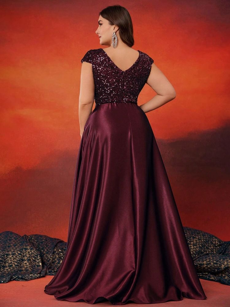 Abito da sera elegante in raso con scollo a V e paillettes, per feste e banchetti, da donna, elegante e raffinato_voghion.com