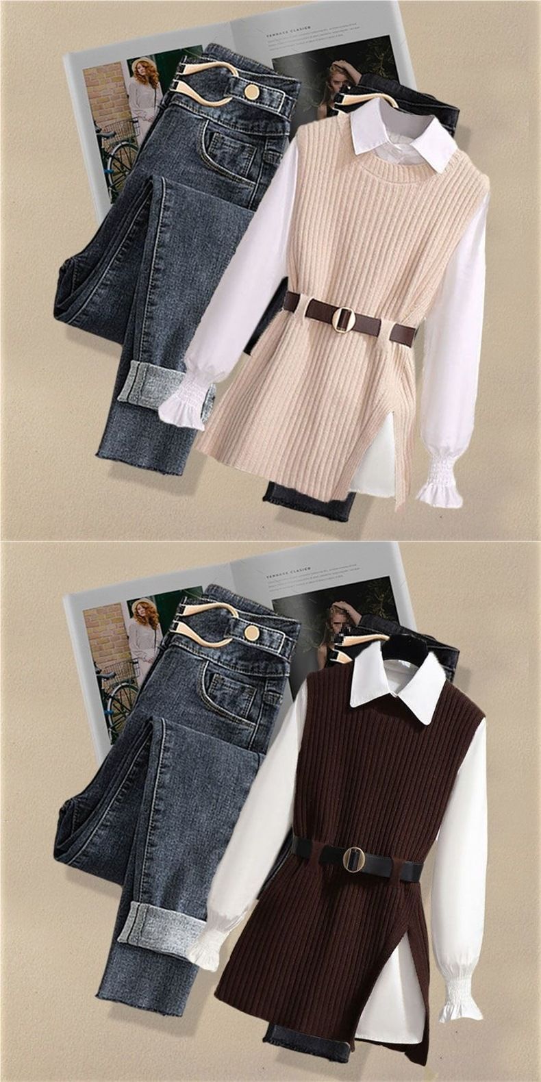 Plus Size Women's 3-Piece Autumn Set – Knit Vest, Flowy Shirt & Slimming Jeans For Curvy Figures_voghion.com