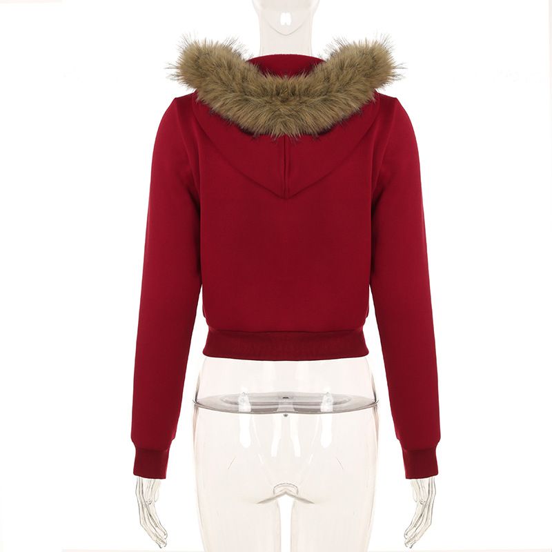 American Digital Printed Fur Patchwork Hooded Sweatshirt, Spicy Girl Street Contrasting Color, Slim Fit Zipper Casual_voghion.com