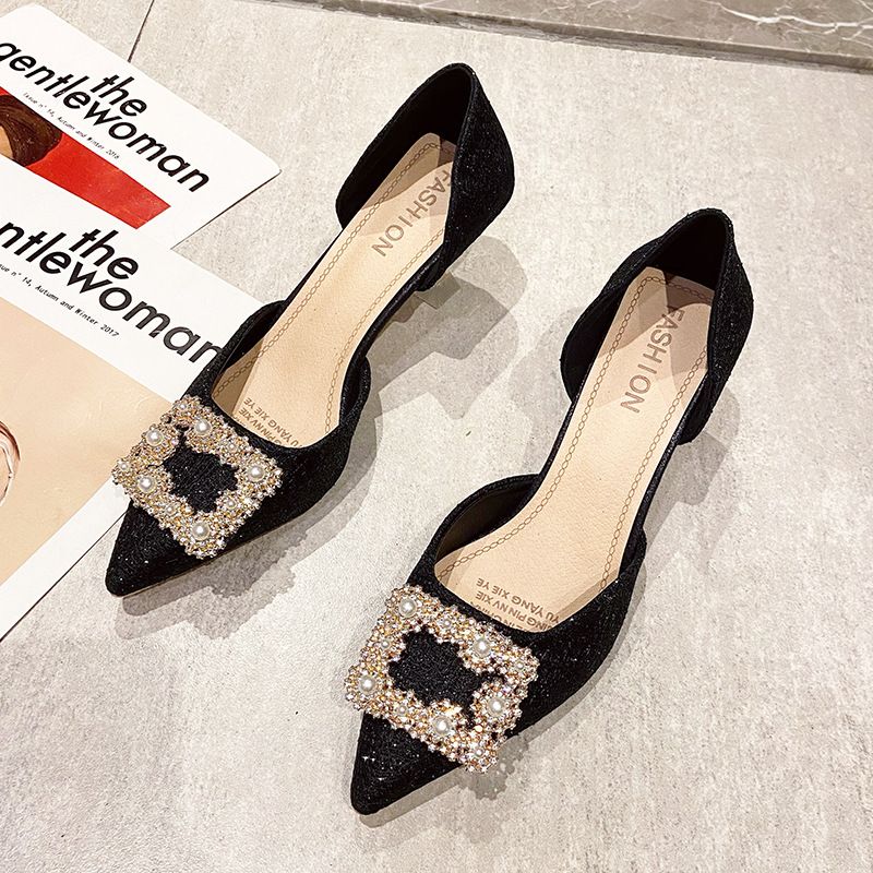 Strassperlen-Quadratschnalle, einzelnes Modell, Sommer 2022, neue hohle High Heels für Damen, spitz zulaufend, flach, französischer Stil, Mädchen, Hochzeit_voghion.com