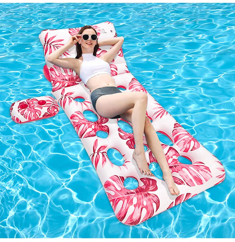 Lit flottant écologique en PVC épais avec motif de feuilles – Chaise longue gonflable simple avec porte-gobelet et trous pour le dossier (séchage rapide et robuste)_voghion.com