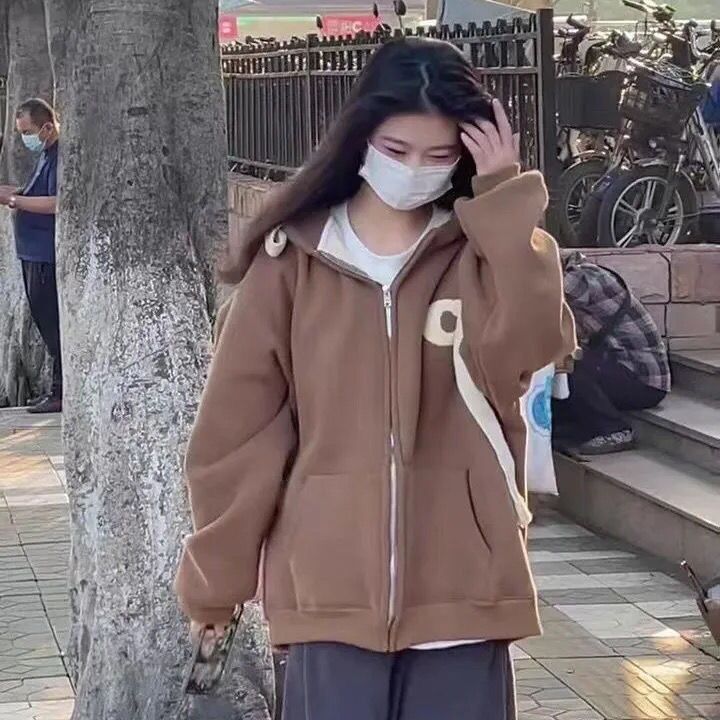 American Style Baseball Jacket Oversize Sweatshirt Coat For Women Autumn Winter Unique Design Fleece Lined Thickened Ins_voghion.com