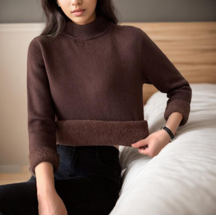 Chemise une pièce en velours à demi-col roulé pour femmes, automne et hiver, couleur unie, tricoté, pull en velours_voghion.com