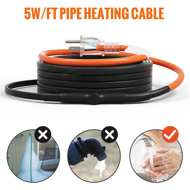Self-Regulating Pipe Heating Cable 12FT 5W/FT Heat Tape With Thermostat_voghion.com
