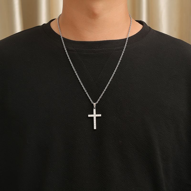 Collana con croce in acciaio al titanio e gioielli da uomo e da donna, intarsiata con diamanti, stile semplice e neutro, alla moda, accessori personalizzati_voghion.com