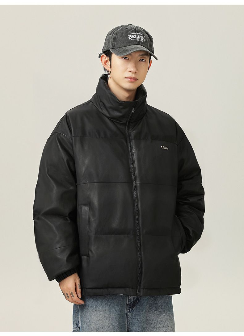 Retro PU Leather Puffer Jacket – Short Quilted Coat With Stand Collar For Winter, Streetwear & Unisex Style_voghion.com