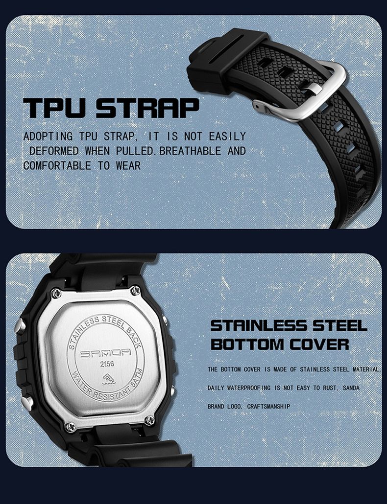 Orologio sportivo digitale per uomo e donna con display LED, impermeabile fino a 50 m, sveglia, luce notturna, quadrante quadrato, orologio da studente con cinturino in TPU_voghion.com