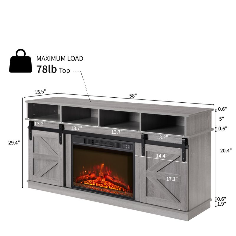 Modern Farmhouse TV Media Stand, Large Barn Inspired Home Entertainment Console, With 23" Fireplace Insert, For TV Up To 65'', With Open Shelves And Closed Cabinets, Grey_voghion.com