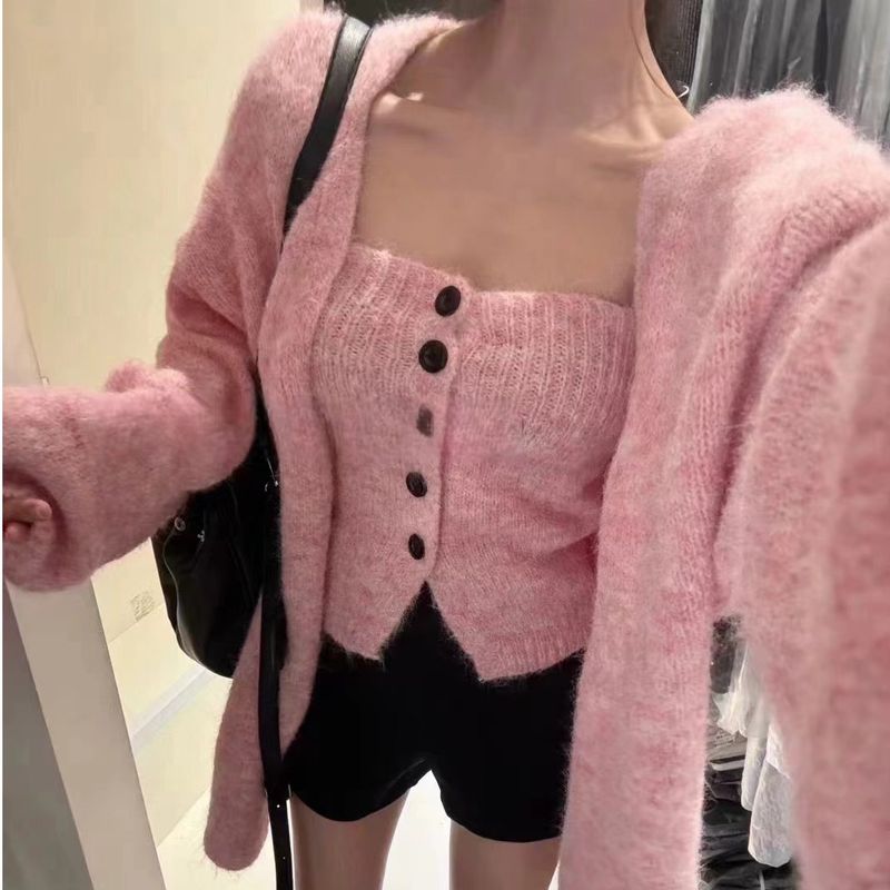 Ensemble deux pièces chic de style coréen : bralette en tricot épais à un bouton + cardigan oversize en laine d'alpaga (plusieurs couleurs)_voghion.com