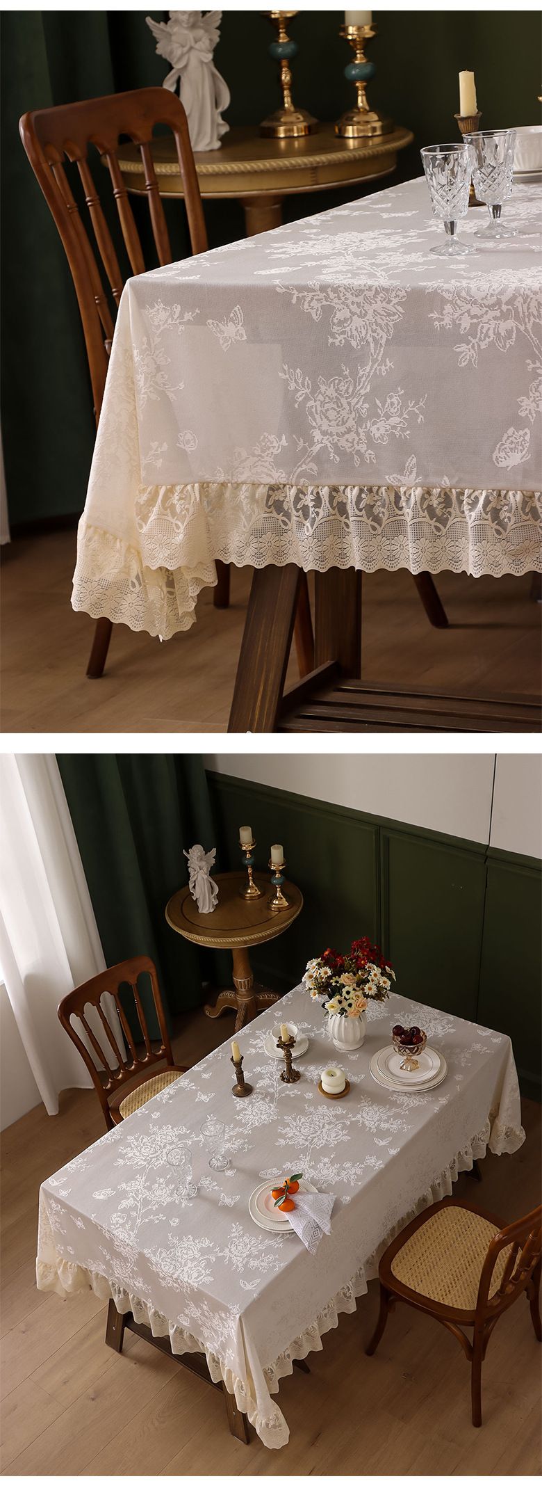 Hochwertige Tischdecke aus Polyester mit Spitzenbesatz – Verdickter Rüschensaum, öl-/rutschfest, mehrere Größen (140 x 100 bis 260 cm) für Bauernessen und Veranstaltungen_voghion.com
