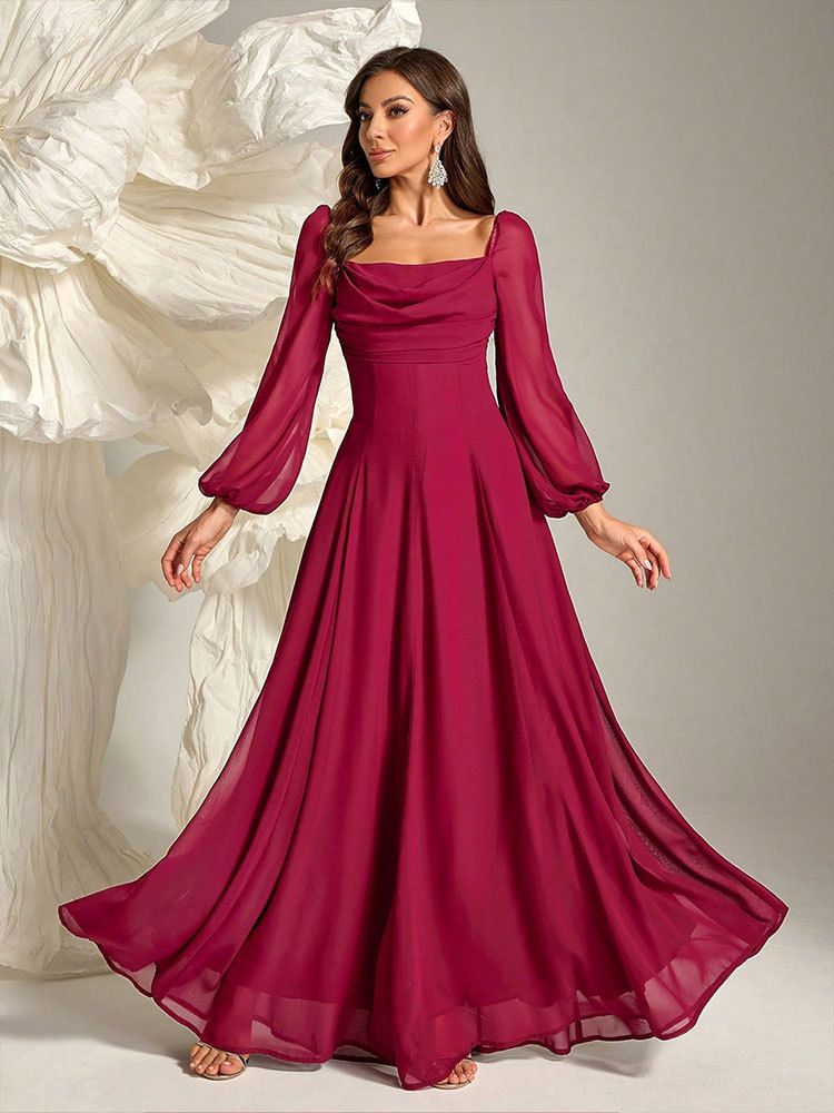 Vestido de noite feminino em chiffon bordô com mangas lanterna, elegante vestido de festa em corte A com cintura alta para banquetes e ocasiões formais_voghion.com