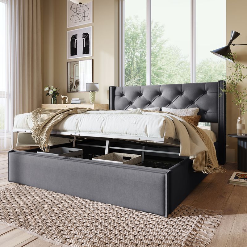 Cadre de lit coffre hydraulique avec sommier à lattes, lit double rembourré moderne 140 x 200 cm, tissu coton, gris, structure en métal_voghion.com