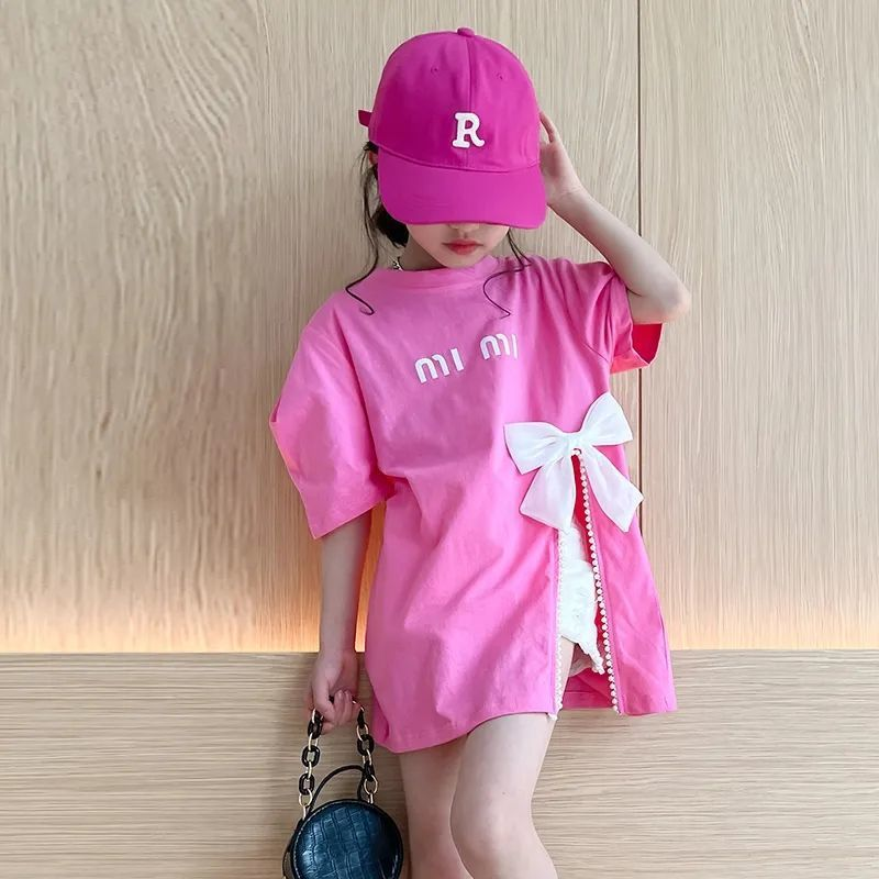 2024 Summer New Girl's Bow T-shirt length Split Korean Trendy Fashion Top Short sleeved Mid size Big Boy_voghion.com